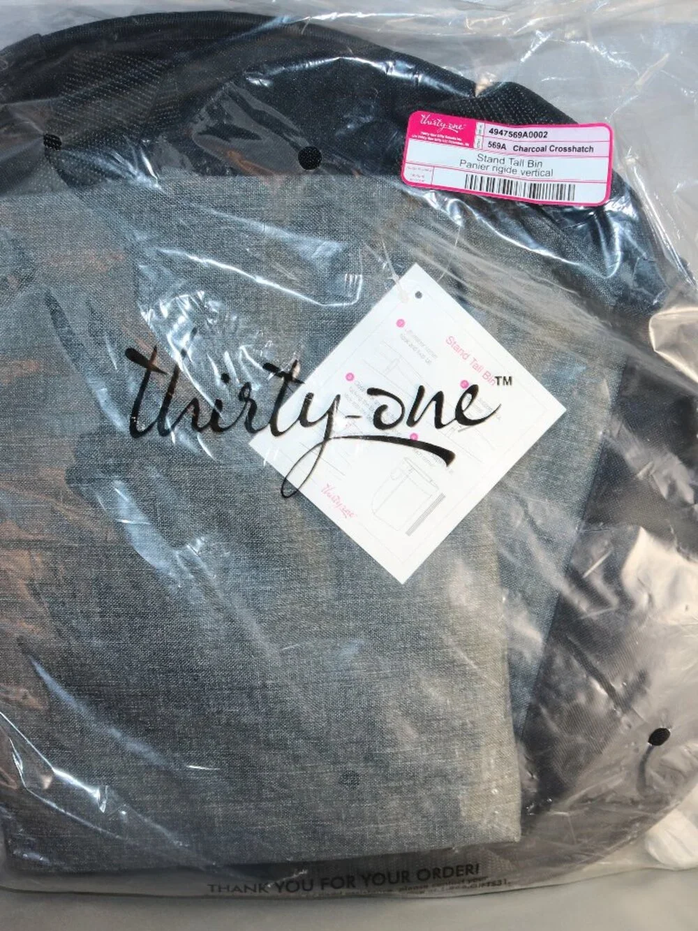 Thirty-One Stand Tall Bin Charcoal Crosshatch NIP 569A never used hamper/storage